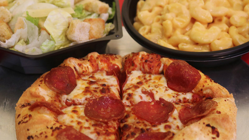 Pizza salad and mac n cheese