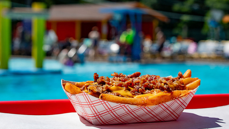 Bacon cheese fries by the pool